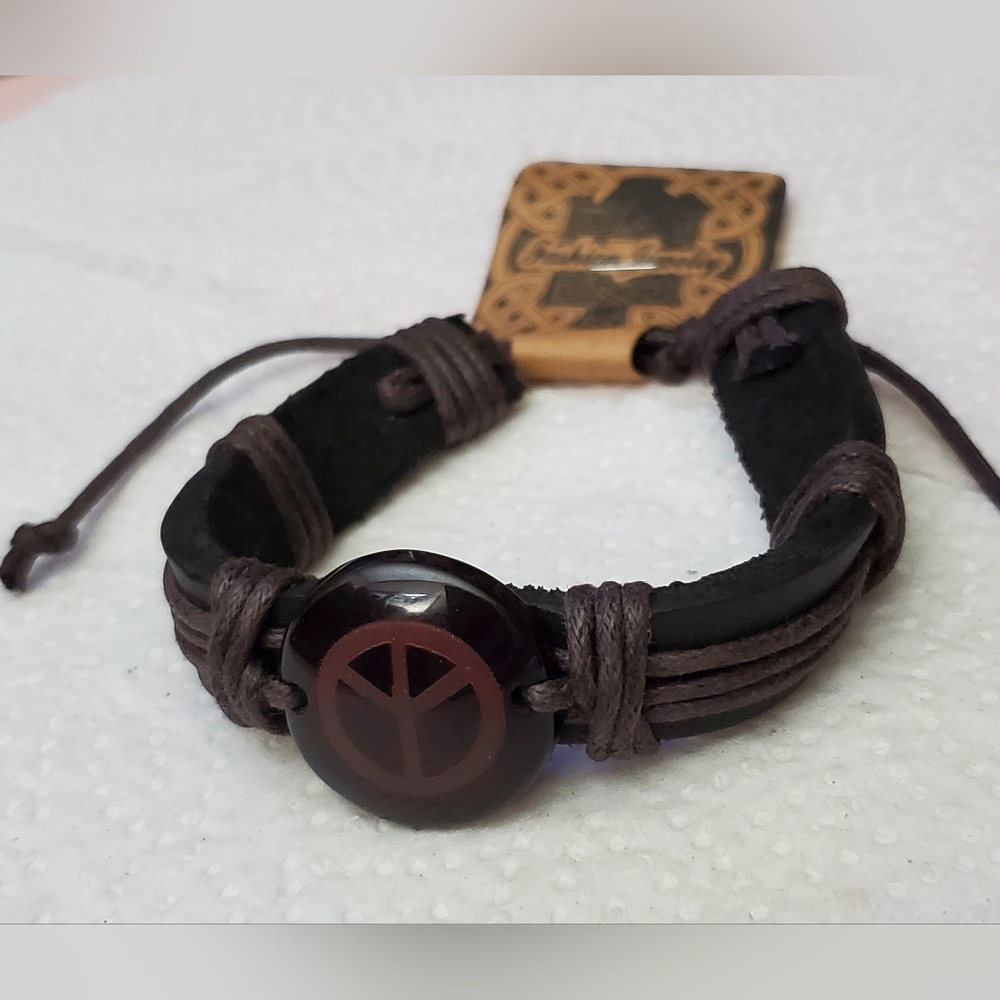 Handmade Leather And Cord Hippie Bracelet**New**Peace Symbol #2